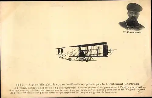 Ak Französisches Flugzeug, Flugpionier, Biplan Wright, pilote par le Lieutenant Chevreau