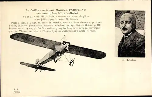 Ak Le Celebre aviateur Maurice Tabuteau sur monoplan Morane Borel, Flugpionier, Flugzeug
