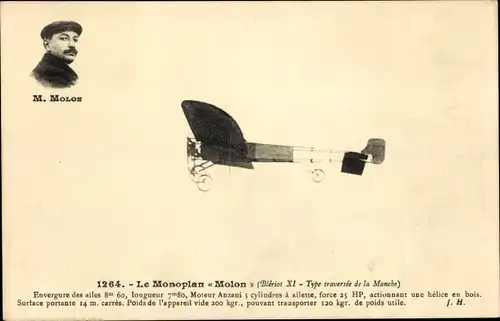 Ak Le Monoplan Molon, Blériot XI, Type traversée de la Manche, Flugpionier