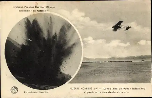 Ak Guerre Moderne 1914, Aeroplane en reconnaissance signalant la cavalerie enemie