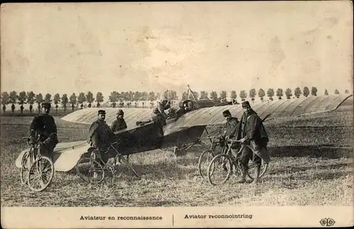 Ak Guerre 1914, Aviateur en reconnaissance, Französisches Aufklärungsflugzeug, Fahrräder