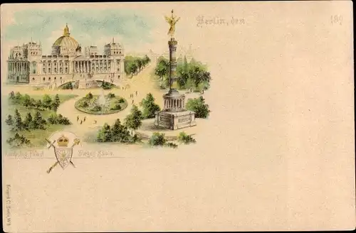 Litho Berlin Tiergarten, Reichstagspalast, Siegessäule