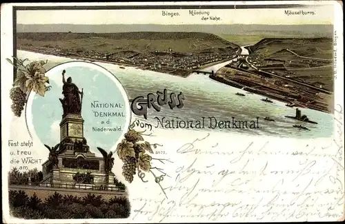 Litho Bingen am Rhein, Rüdesheim, Nationaldenkmal a. d. Niederwald, Nahe Mündung, Mäuseturm