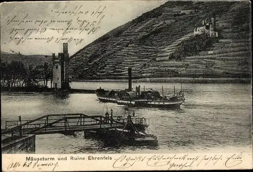 Ak Bingen am Rhein, Ruine Ehrenfels, Mäuseturm, Dampferanleger