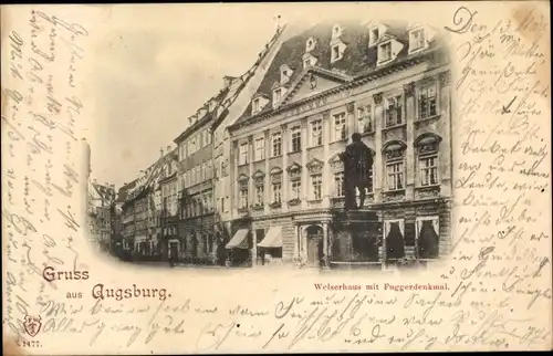 Ak Augsburg in Schwaben, Weiserhaus mit Fuggerdenkmal