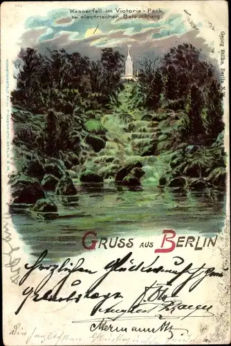Litho Berlin Kreuzberg, Wasserfall im Victoria-Park bei elektrischer Beleuchtung, Mondschein