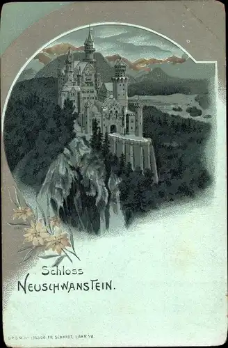 Mondschein Litho Hohenschwangau Schwangau im Ostallgäu, Schloss Neuschwanstein