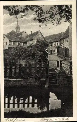 Ak Bischofswerda in Sachsen, Pfarrgasse mit Kirche