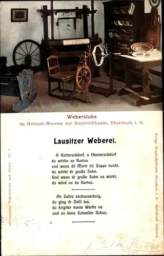 Ak Ebersbach in Sachsen, Weberstube im Heimatmuseum, Gedicht Lausitzer Weberei