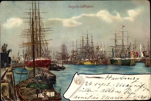 Litho Hamburg, Segelschiffhafen, Segelschiffe