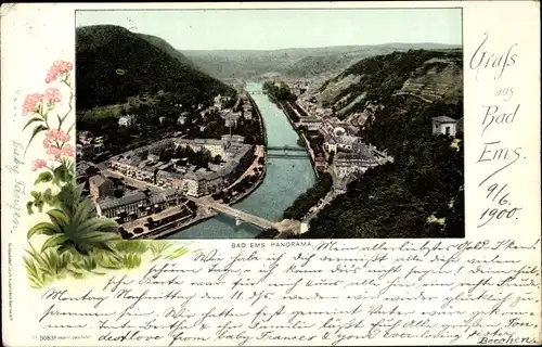 Passepartout Ak Bad Ems an der Lahn, Totalansicht vom Ort, Blumen