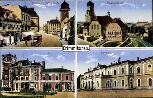 Ak Crimmitschau in Sachsen, Johanniskirche, Post, Bahnhof, Thiemestraße, Silberstraße