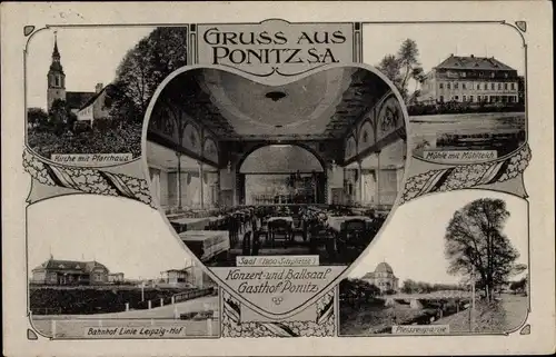 Ak Ponitz Altenburger Land Thüringen, Kirche, Pfarrhaus, Bahnhof, Mühle, Mühlteich, Gasthof Ballsaal