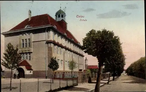 Ak Calau in Brandenburg, Blick auf die Schule, Straßenpartie im Ort