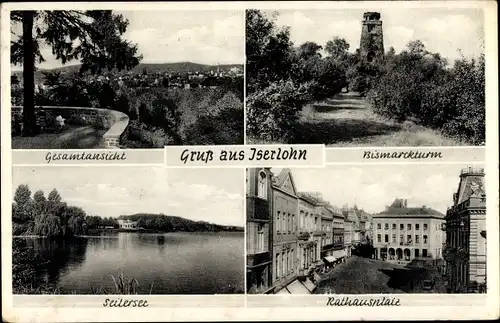 Ak Iserlohn im Märkischen Kreis, Gesamtansicht, Bismarckturm, Rathausplatz, Seiler See