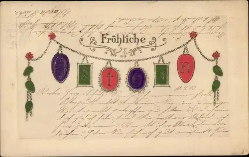 Präge Litho Glückwunsch Ostern, Ostereier, Girlande