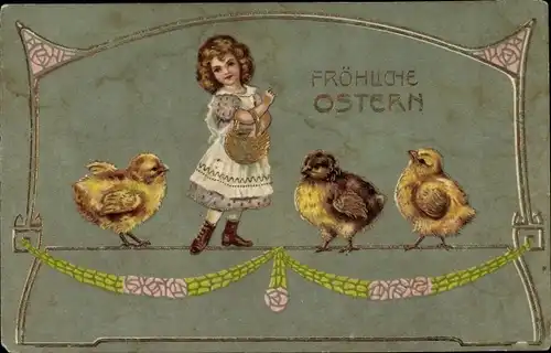 Präge Litho Glückwunsch Ostern, Küken, Mädchen mit Korb
