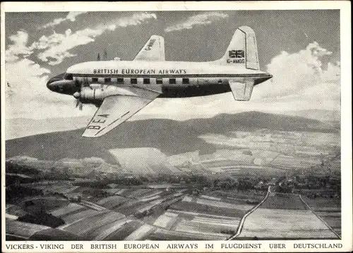 Ak Flugzeug Vickers Viking der British European Airways über Deutschland