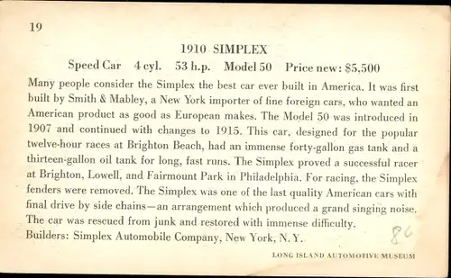 Ak Long Island New York USA, 1910 Simplex Speed Car, Smith & Mabley, Automotive Museum