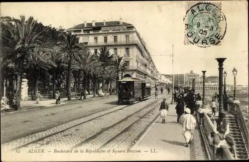 Ak Algier Alger Algerien, Boulevard de la Republique et Square Bresson, Tram