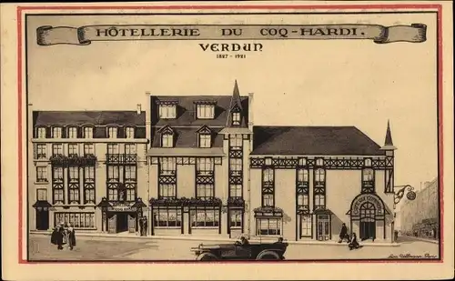 Ak Verdun Lothringen Meuse, Hotellerie du Coq Hardi, Cafe du Commerce, voiture