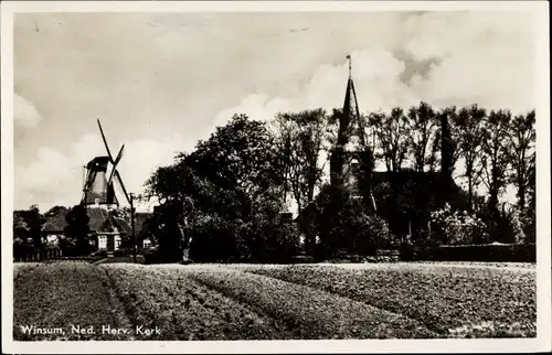 Foto Ak Westernieland Groningen, Herv. Kerk, Windmühle