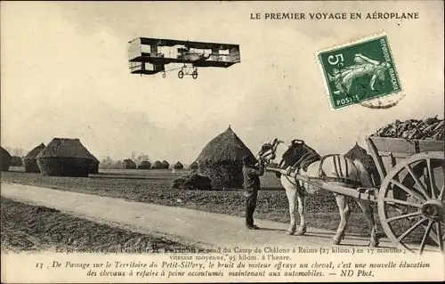 Ak Le Premier Voyage en Aeroplane, Flugzeug, Flugpionier, Bauer, Pferd, Fuhrwerk