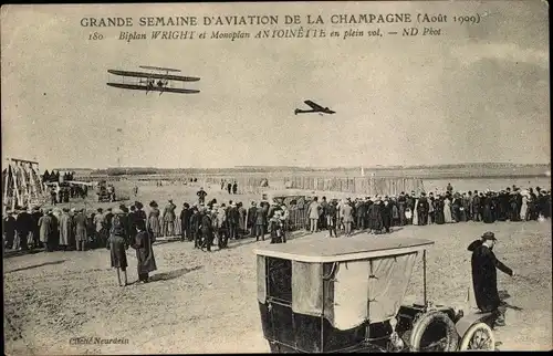 Ak Grande Semaine d'Aviation de la Champagne, 1909, Biplan Wright et Monoplan Antoinette