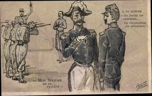 Künstler Ak Sphinx, La Guerre, Französische Soldaten schießen auf einen feindlichen Soldaten
