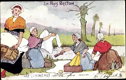 Künstler Ak En Pays Breton, Frauen waschen Wäsche, Bretonische Tracht