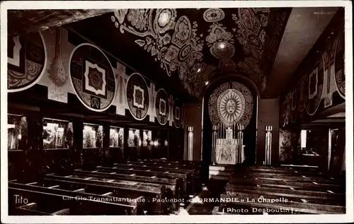 Ak Paquebot Normandie, Dampfschiff, CGT, French Line, la Chapelle, Innenansicht der Kapelle