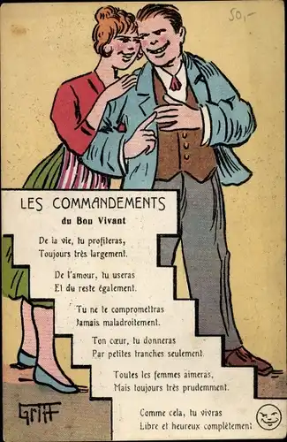 Künstler Ak Griff, Liebespaar, Les Commandements du Bou Vivant