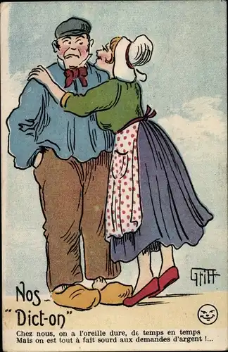 Künstler Ak Griff, Liebespaar, Nos Dict-on, Kuss, Chez nous, on a l'oreille dure...