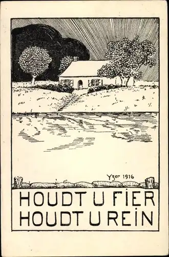 Ak Houdt u Fier, Houdt u Rein, Ortsansicht, Bäume, Haus, Yser 1916