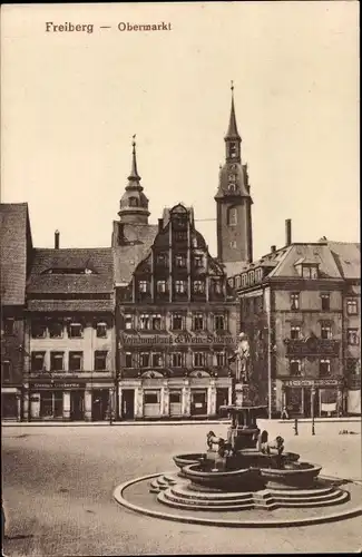 Ak Freiberg im Kreis Mittelsachsen, Obermarkt mit Brunnen Otto d. Reiche, Weinhandlung u. -Stuben