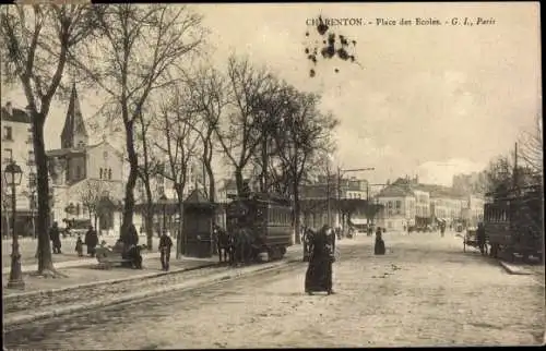 Ak Charenton Val de Marne, Place des Ecoles, Pferdebahn