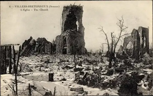 Ak Villers Bretonneux Somme, l'Eglise, Kriegszerstörung 1. WK