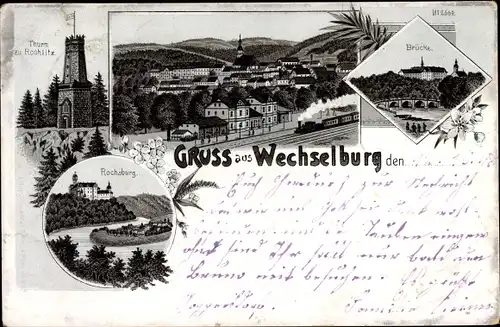 Litho Wechselburg Landkreis Mittelsachsen, Turm zu Rochlitz, Rochsburg, Brücke, Bahnhof