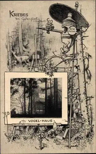 Passepartout Ak Krebes Burgstein Weischlitz im Vogtland, Vogelhaus im Wald, Malfink, Zwerge