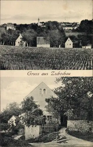 Ak Zschochau Ostrau in Sachsen, Panorama, Kirche, Wohnhaus