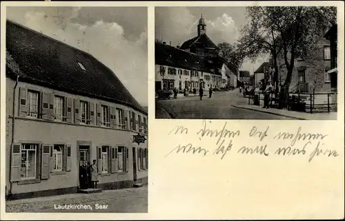 Ak Lautzkirchen Blieskastel im Saarland, Gasthaus und Bäckerei Adolf-Höh, Ortsansicht mit Kirche