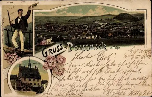 Litho Pößneck in Thüringen, Mann mit Hut, Gesamtansicht, Rathaus