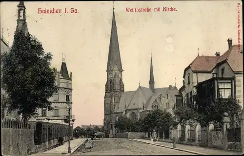 Ak Hainichen in Sachsen, Wettinstraße mit Kirche