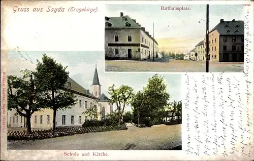 Ak Sayda im Erzgebirge, Rathausplatz, Kirche, Schule