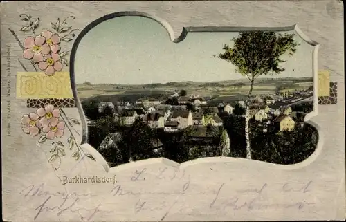 Passepartout Ak Burkhardtsdorf im Erzgebirge, Blumen, Gesamtansicht