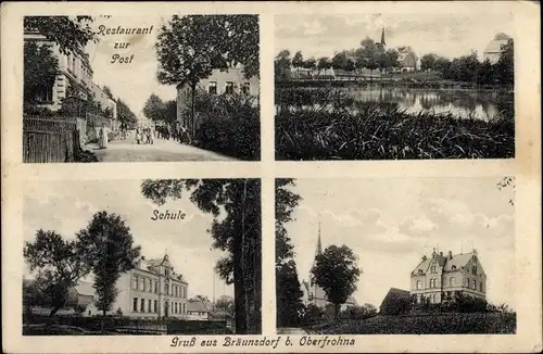 Ak Bräunsdorf Limbach Oberfrohna Sachsen, Schule, Restaurant zur Post, Blick über dem See zum Ort