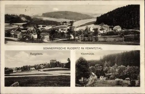 Ak Ruderitz Burgstein Weischlitz im Vogtland, Panorama, Burgstein, Klenmühle