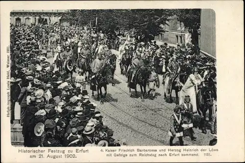 Ak Erfurt in Thüringen, Historischer Festzug 1902, Kaiser Barbarossa, Herzog Heinrich der Löwe 1181