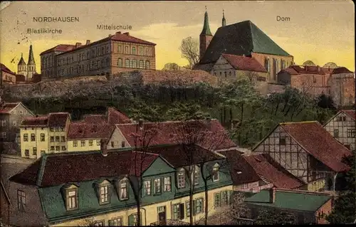 Ak Nordhausen am Harz, Blasiikirche, Mittelschule, Dom, Dämmerung