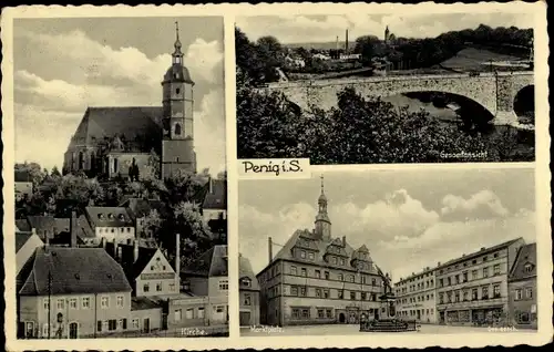 Ak Penig, Gesamtansicht, Brücke, Kirche, Marktplatz, Denkmal, Lichthell Institut